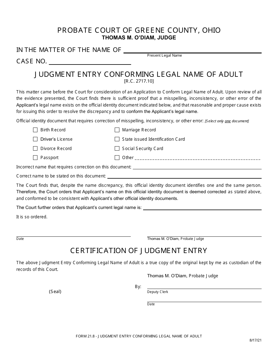 Form 21.8 Judgment Entry Conforming Legal Name of Adult - Greene County, Ohio, Page 1