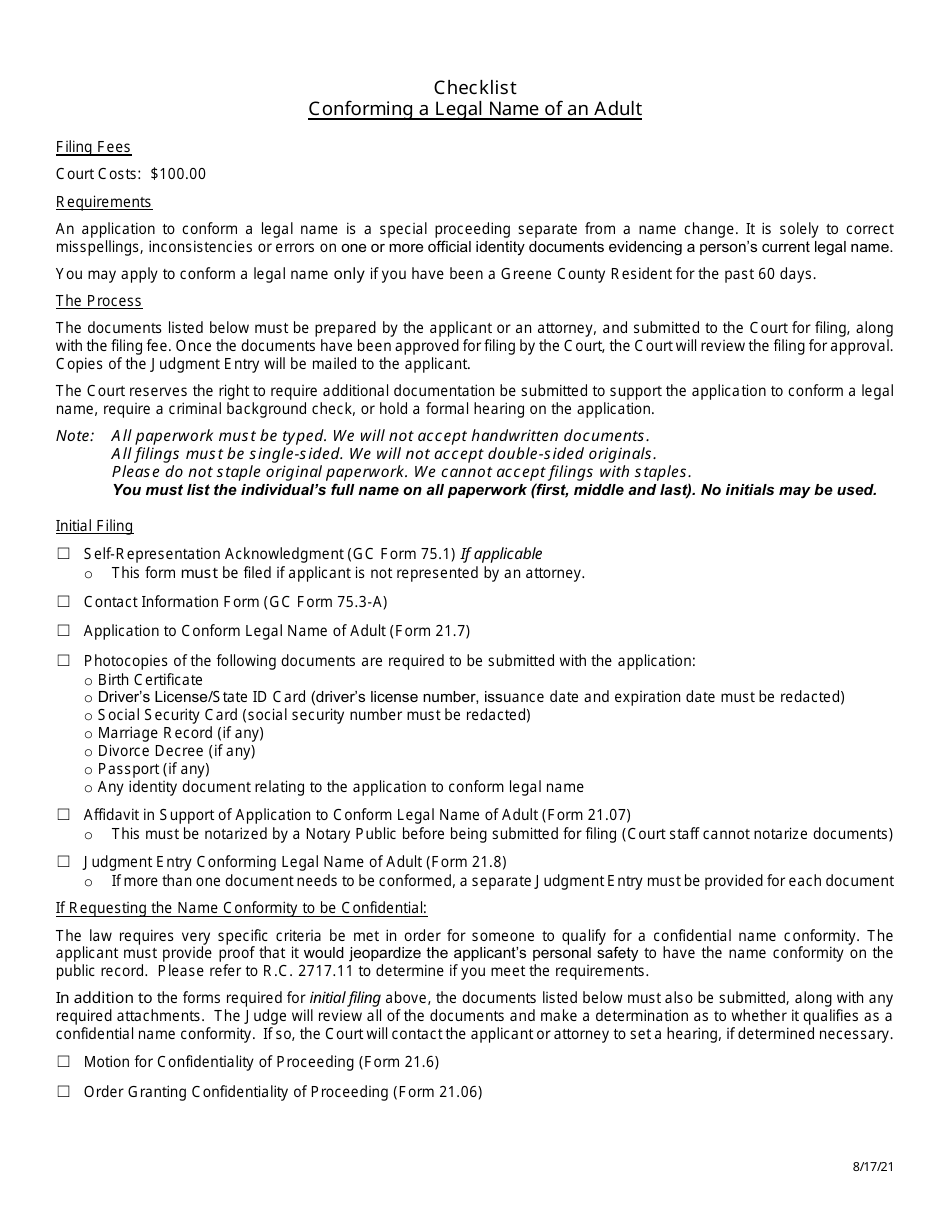 Checklist - Conforming a Legal Name of an Adult - Greene County, Ohio, Page 1