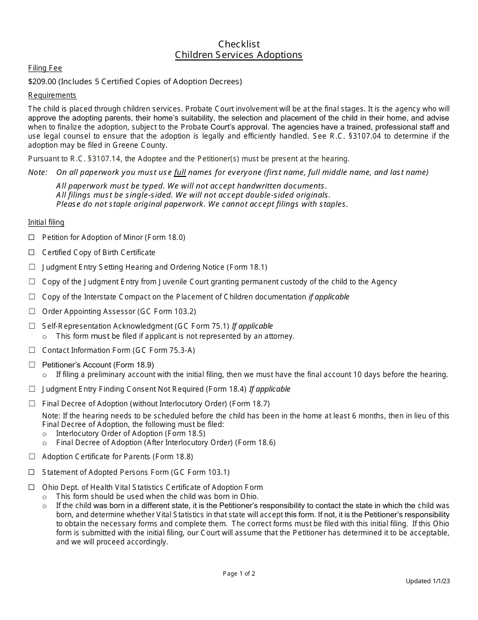 Checklist - Children Services Adoptions - Greene County, Ohio, Page 1