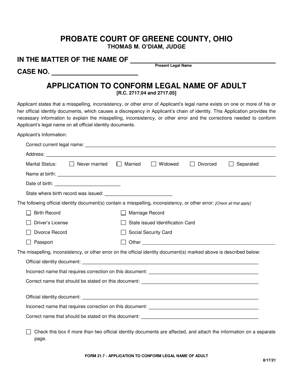 Form 21.7 Application to Conform Legal Name of Adult - Greene County, Ohio, Page 1