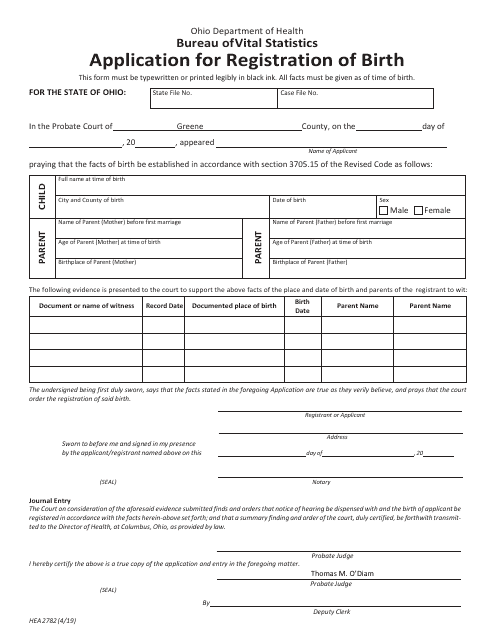 Form HEA2782 Application for Registration of Birth - Greene County, Ohio