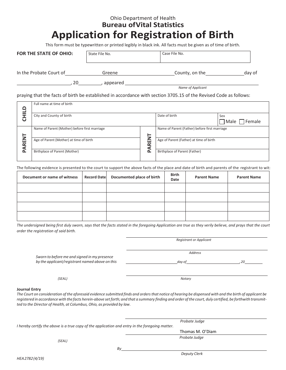 Form HEA2782 Application for Registration of Birth - Greene County, Ohio, Page 1