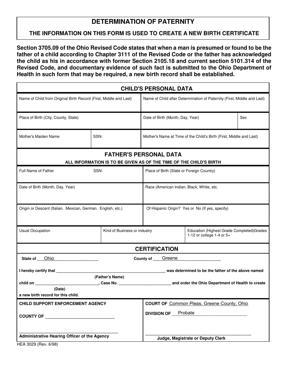 Form HEA3029 Determination of Paternity - Greene County, Ohio, Page 1