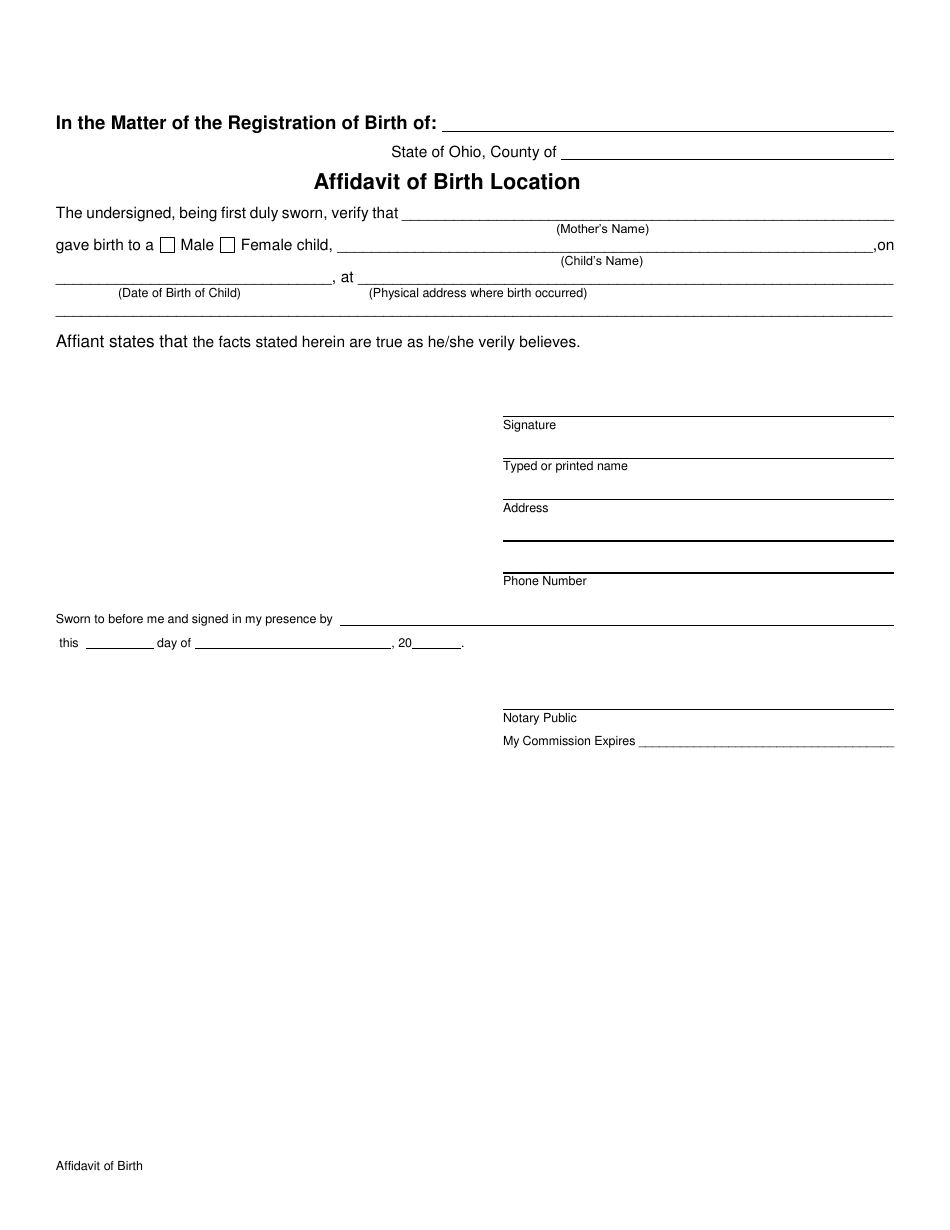 Affidavit of Birth Location - Greene County, Ohio, Page 1
