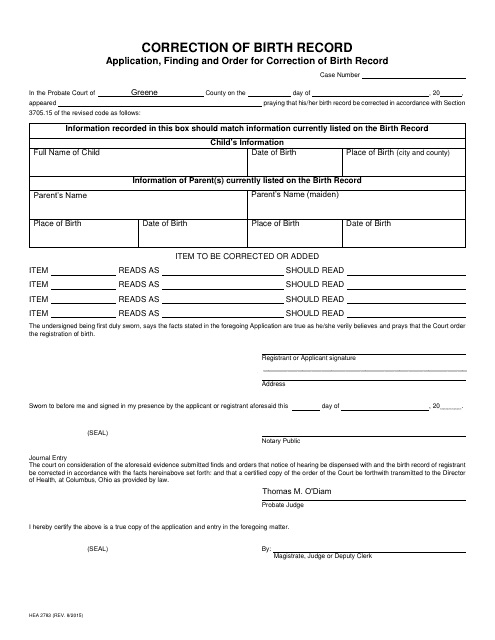 Form HEA2783 Correction of Birth Record - Greene County, Ohio