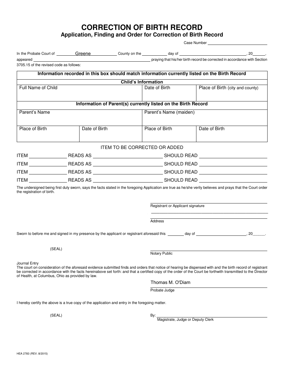 Form HEA2783 Correction of Birth Record - Greene County, Ohio, Page 1