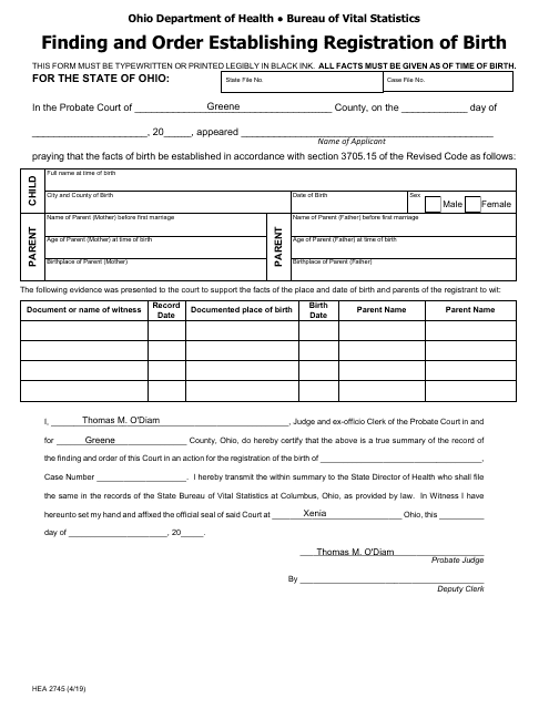 Form HEA2745 Finding and Order Establishing Registration of Birth - Greene County, Ohio