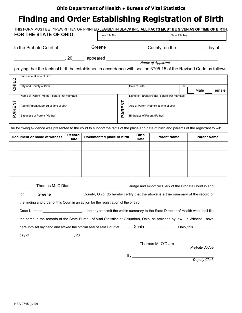 Form HEA2745 Finding and Order Establishing Registration of Birth - Greene County, Ohio, Page 1
