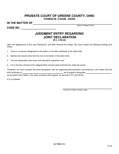 GC Form 107.3 Judgment Entry Regarding Joint Declaration - Greene County, Ohio