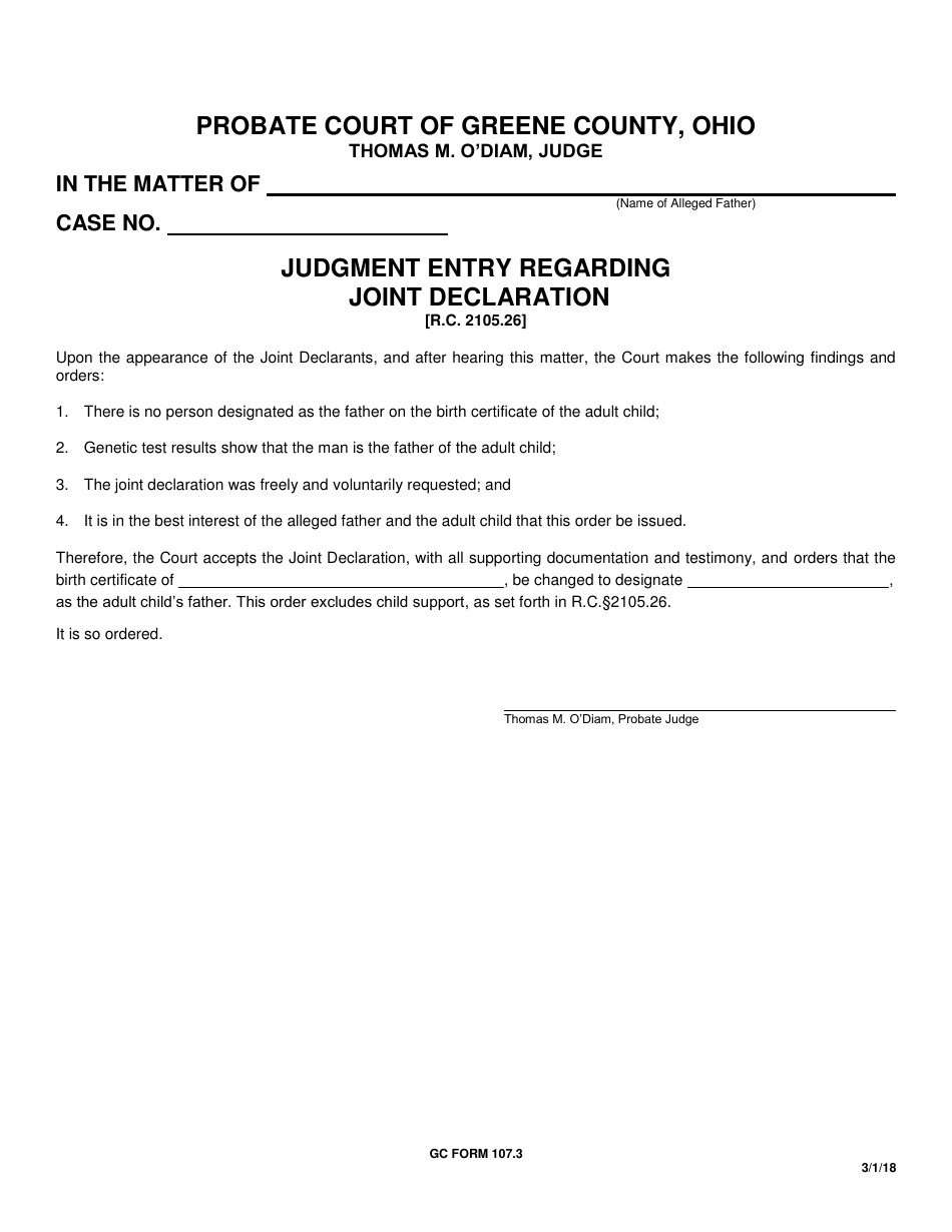 GC Form 107.3 Judgment Entry Regarding Joint Declaration - Greene County, Ohio, Page 1