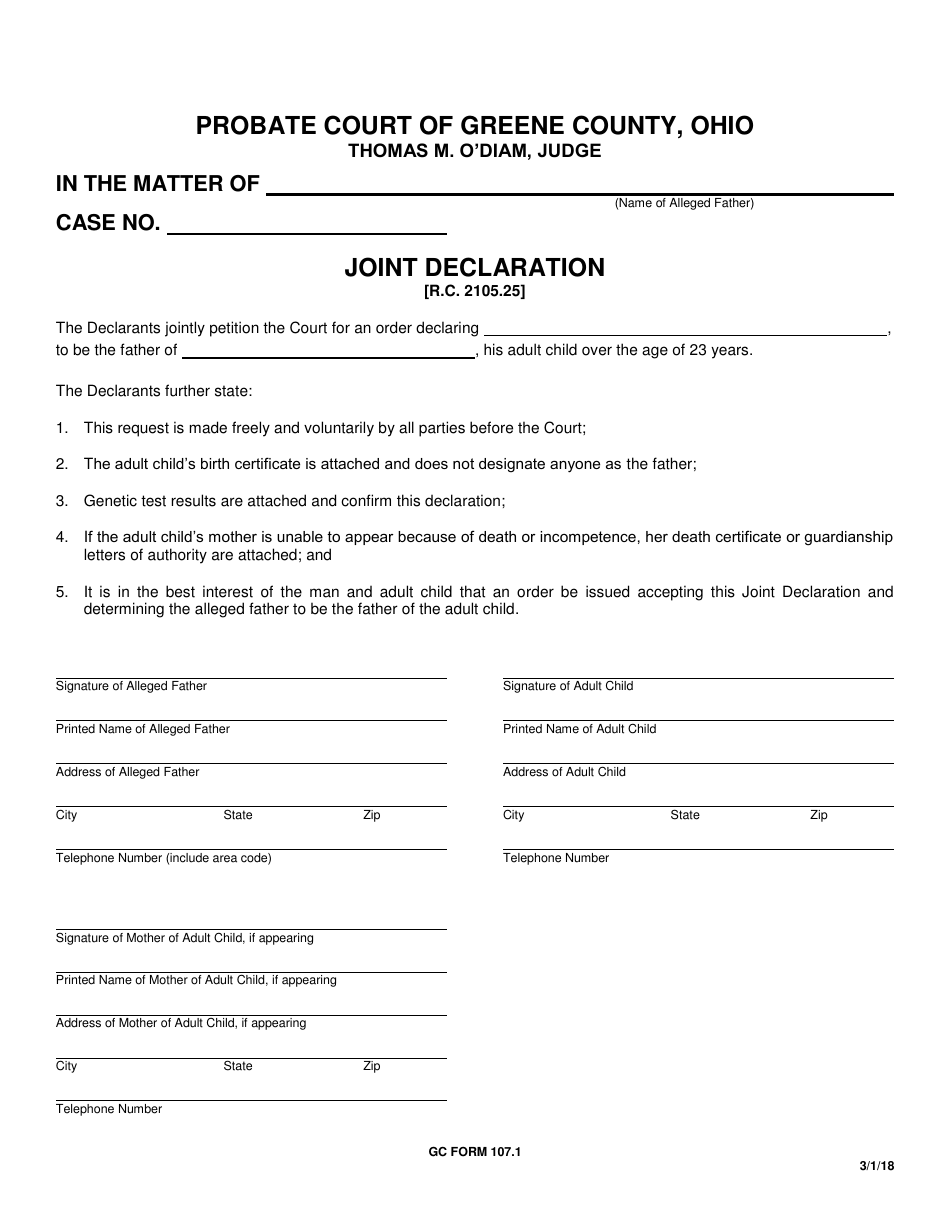 GC Form 107.1 Joint Declaration - Greene County, Ohio, Page 1