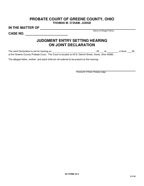 GC Form 107.2 Judgment Entry Setting Hearing on Joint Declaration - Greene County, Ohio