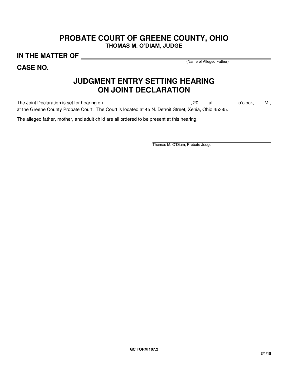 GC Form 107.2 Judgment Entry Setting Hearing on Joint Declaration - Greene County, Ohio, Page 1