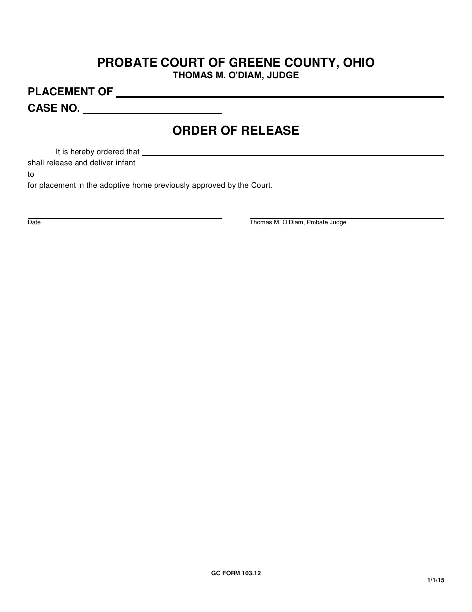 GC Form 103.12 Order of Release - Greene County, Ohio, Page 1