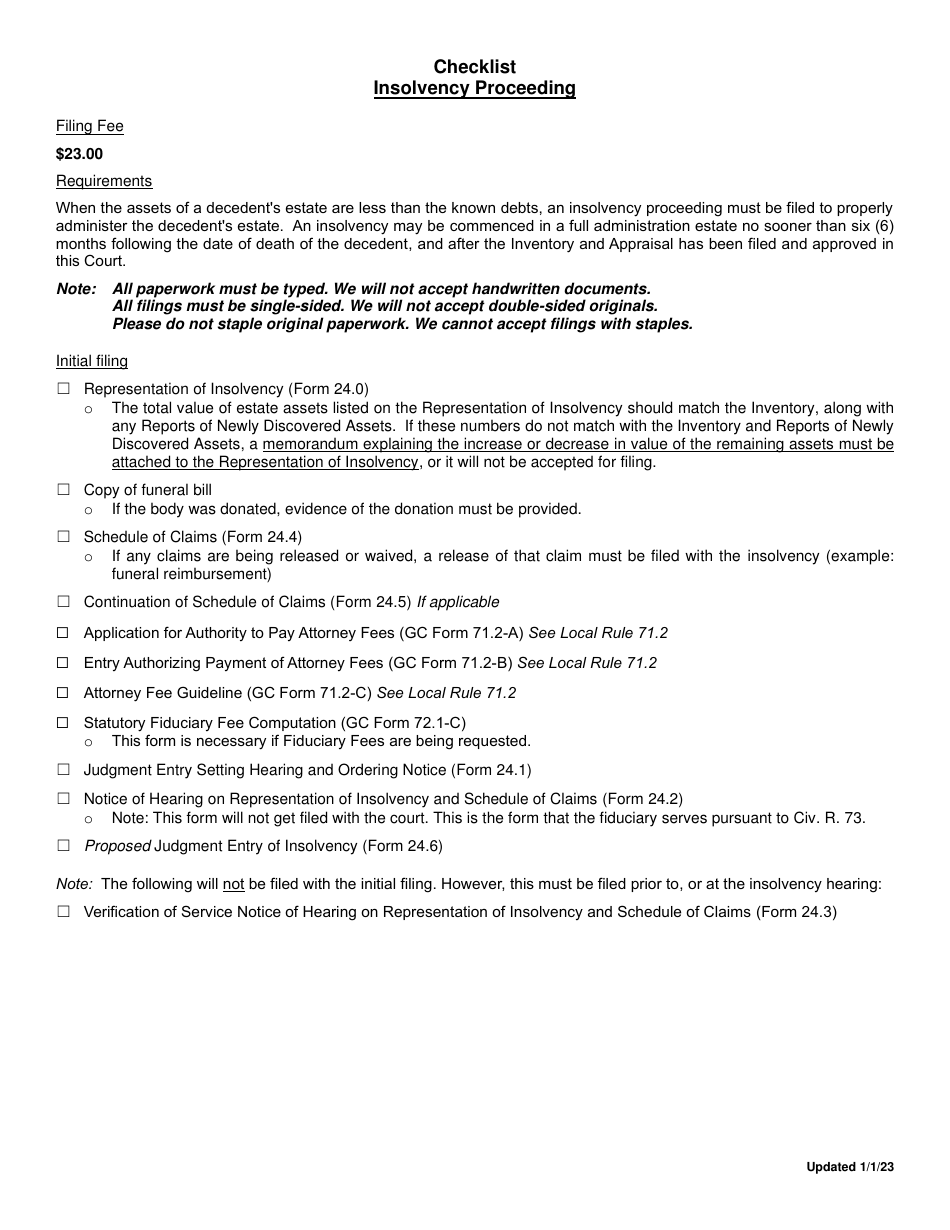 Checklist - Insolvency Proceeding - Greene County, Ohio, Page 1