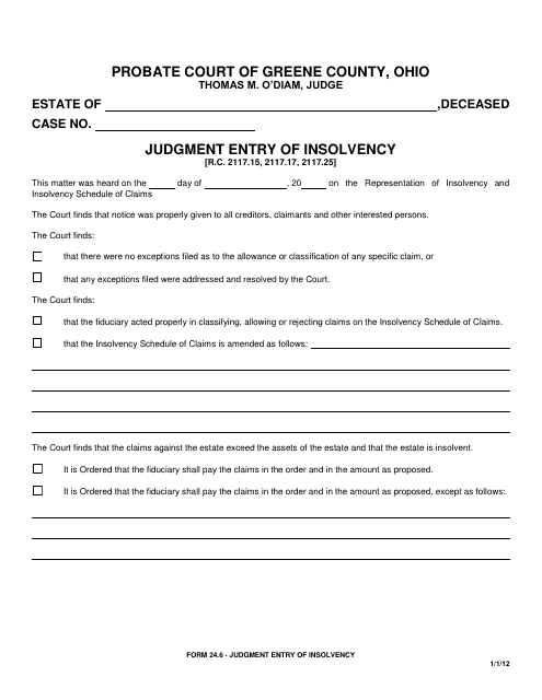 Form 24.6 Judgment Entry of Insolvency - Greene County, Ohio