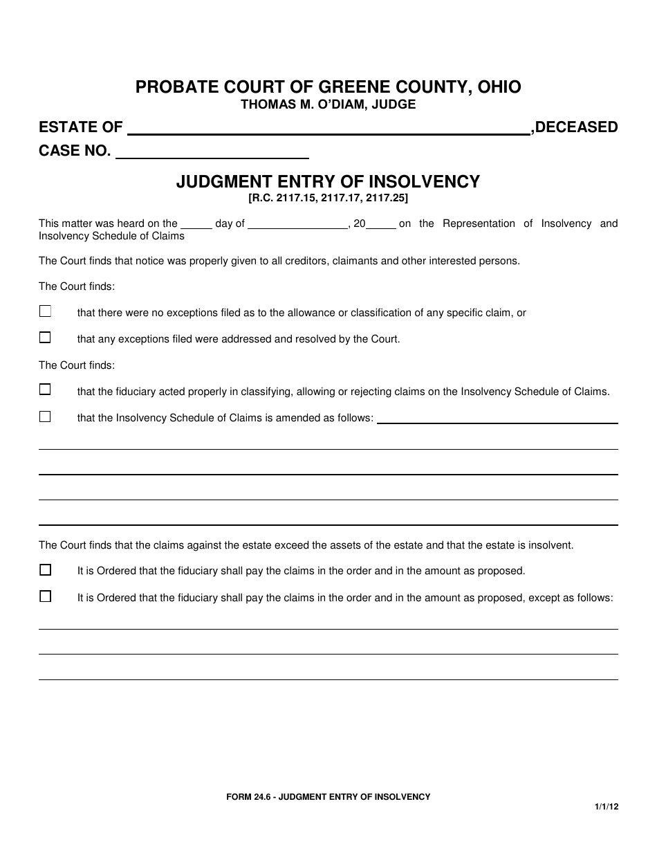 Form 24.6 Judgment Entry of Insolvency - Greene County, Ohio, Page 1