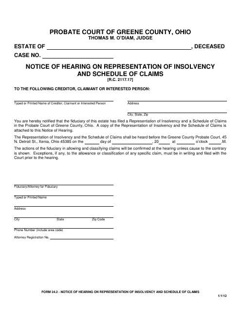 Form 24.2 Notice of Hearing on Representation of Insolvency and Schedule of Claims - Greene County, Ohio