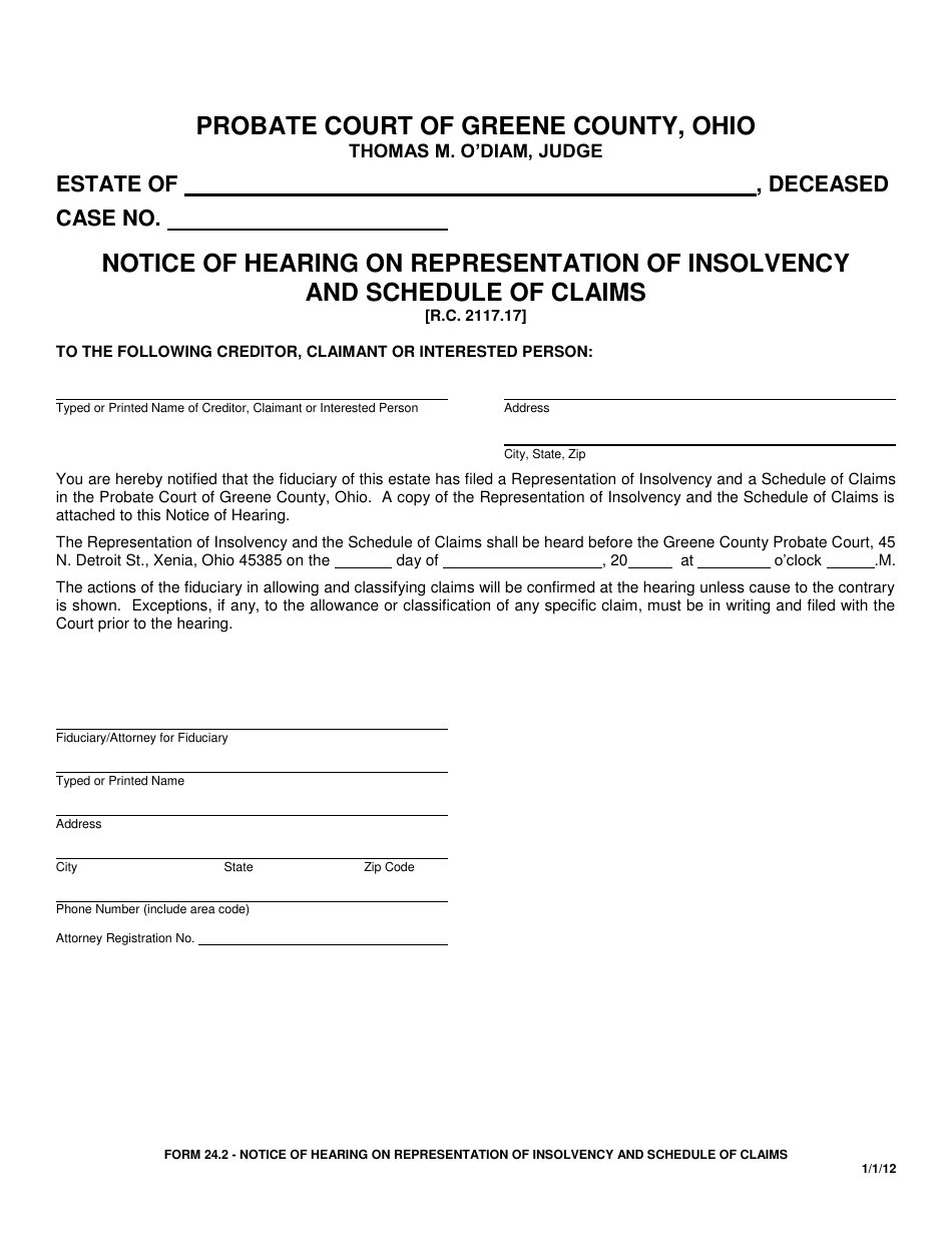 Form 24.2 Notice of Hearing on Representation of Insolvency and Schedule of Claims - Greene County, Ohio, Page 1