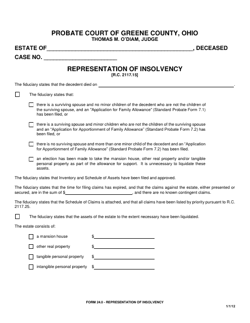 Form 24.0 Representation of Insolvency - Greene County, Ohio