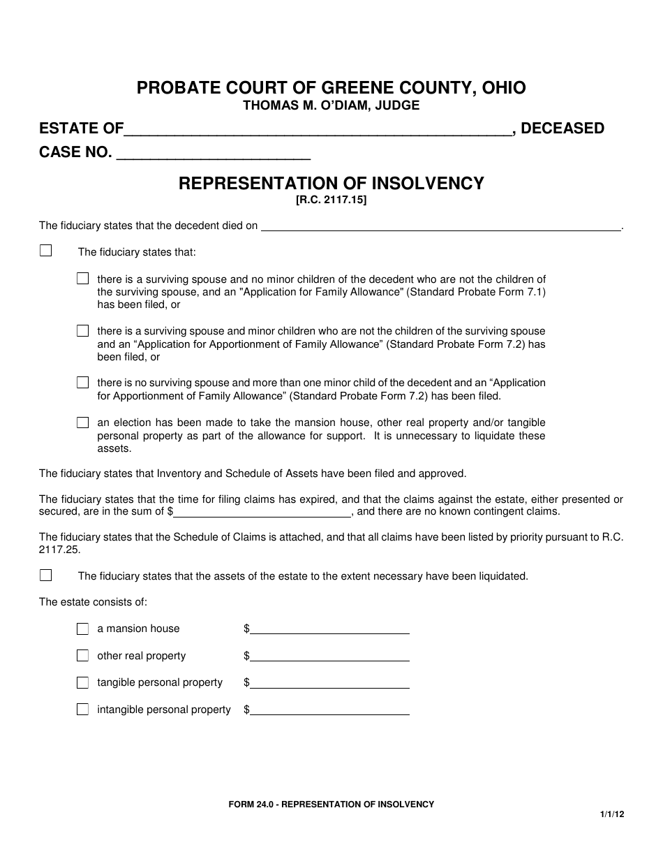 Form 24.0 Representation of Insolvency - Greene County, Ohio, Page 1