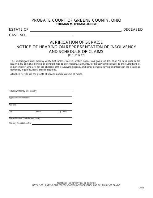 Form 24.3 Verification of Service Notice of Hearing on Representation of Insolvency and Schedule of Claims - Greene County, Ohio