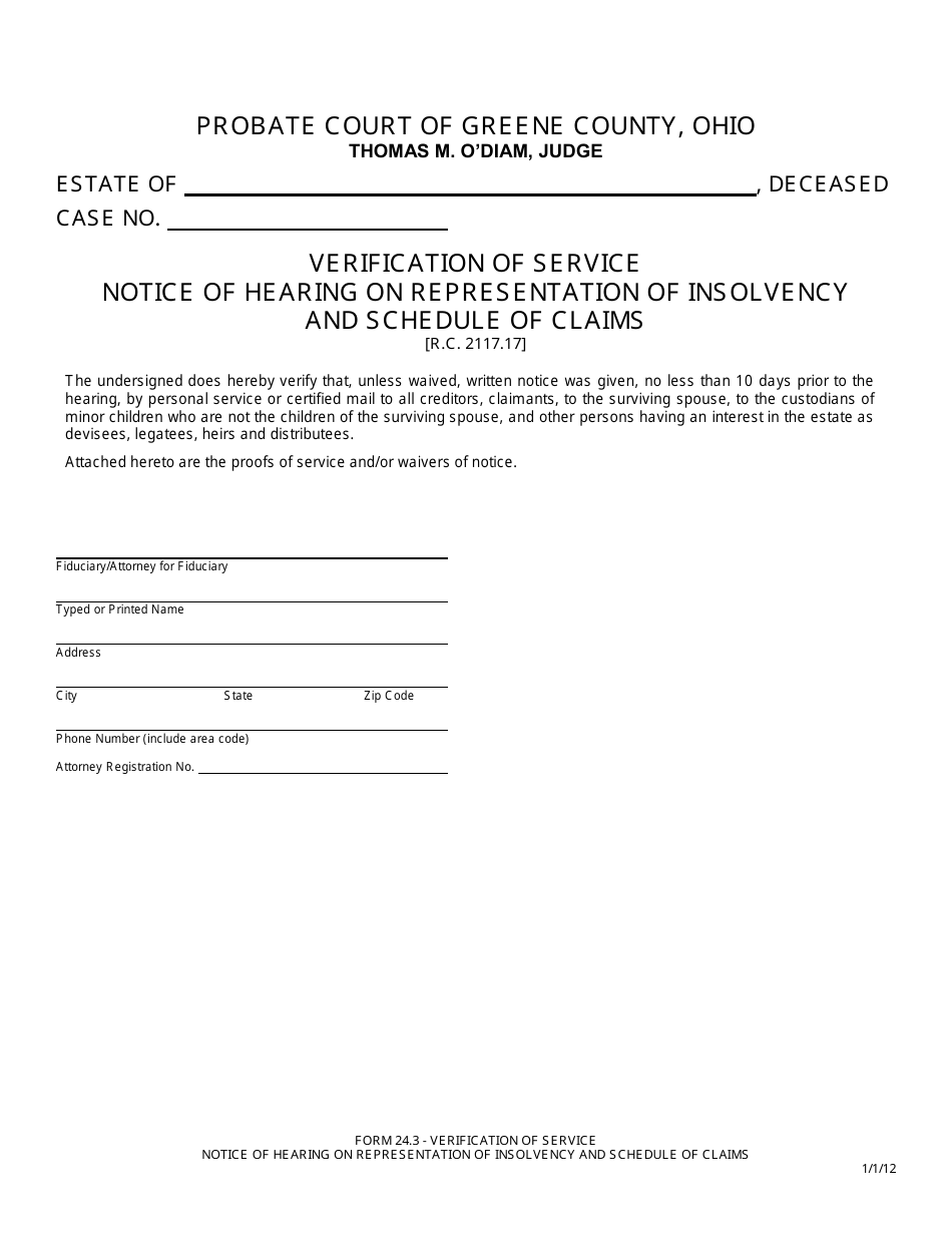 Form 24.3 Verification of Service Notice of Hearing on Representation of Insolvency and Schedule of Claims - Greene County, Ohio, Page 1