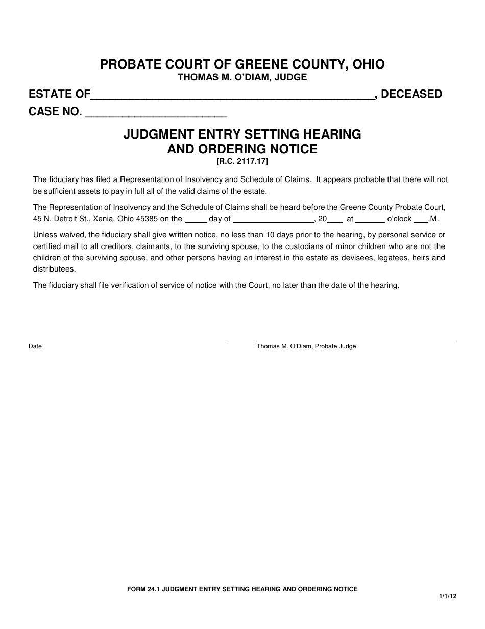 Form 24.1 Judgment Entry Setting Hearing and Ordering Notice - Greene County, Ohio, Page 1