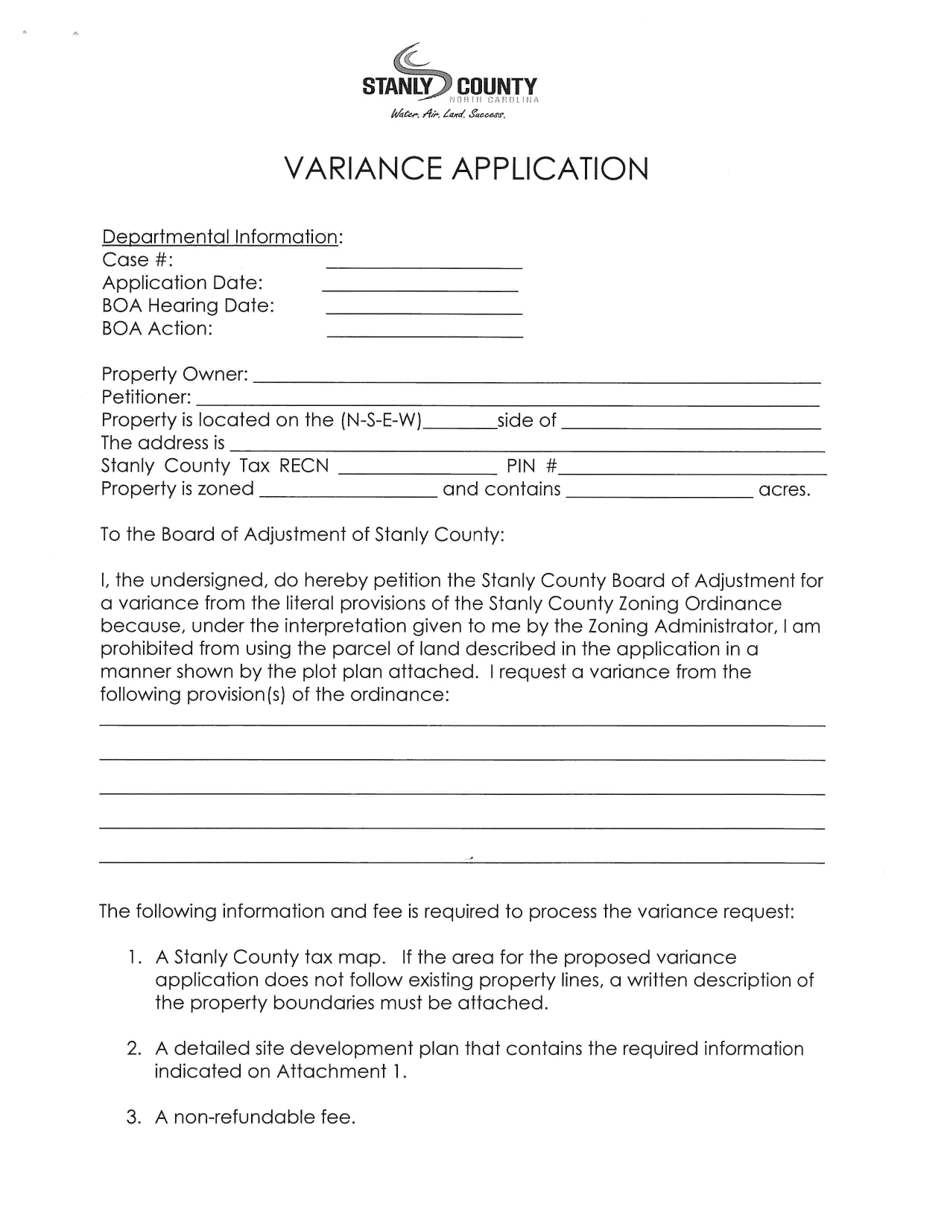 Variance Application - Stanly County, North Carolina, Page 1