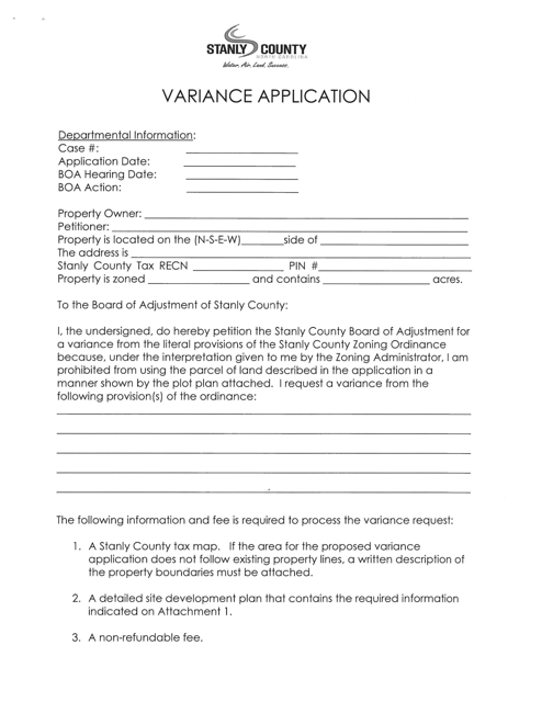 Variance Application - Stanly County, North Carolina Download Pdf