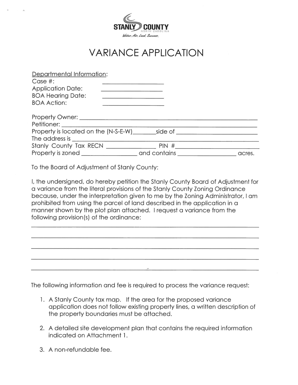 Stanly County, North Carolina Variance Application Fill Out, Sign