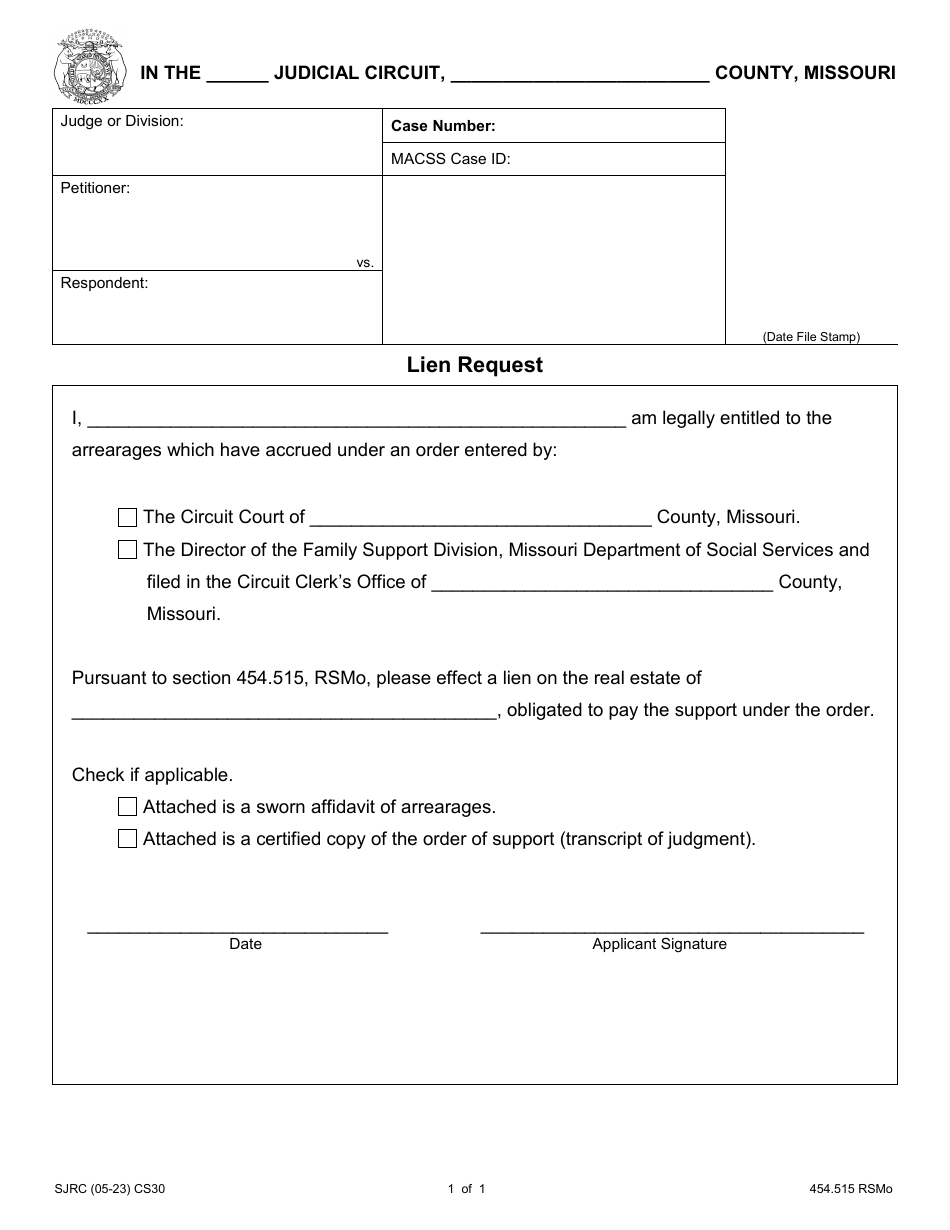 Form CS30 Lien Request - Missouri, Page 1