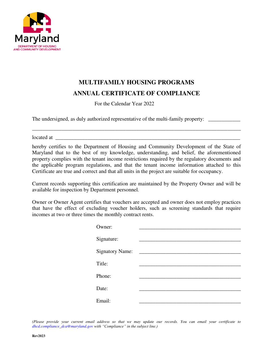 Annual Certificate of Compliance - Multifamily Housing Programs - Maryland, Page 1