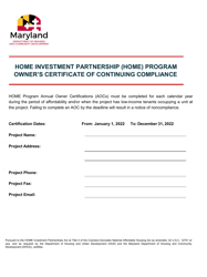 Document preview: Owner's Certificate of Continuing Compliance - Home Investment Partnership (Home) Program - Maryland, 2022