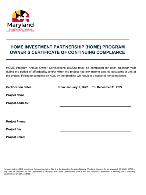 Owner's Certificate of Continuing Compliance - Home Investment Partnership (Home) Program - Maryland, 2022