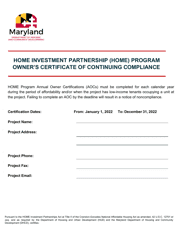 Owner&#039;s Certificate of Continuing Compliance - Home Investment Partnership (Home) Program - Maryland