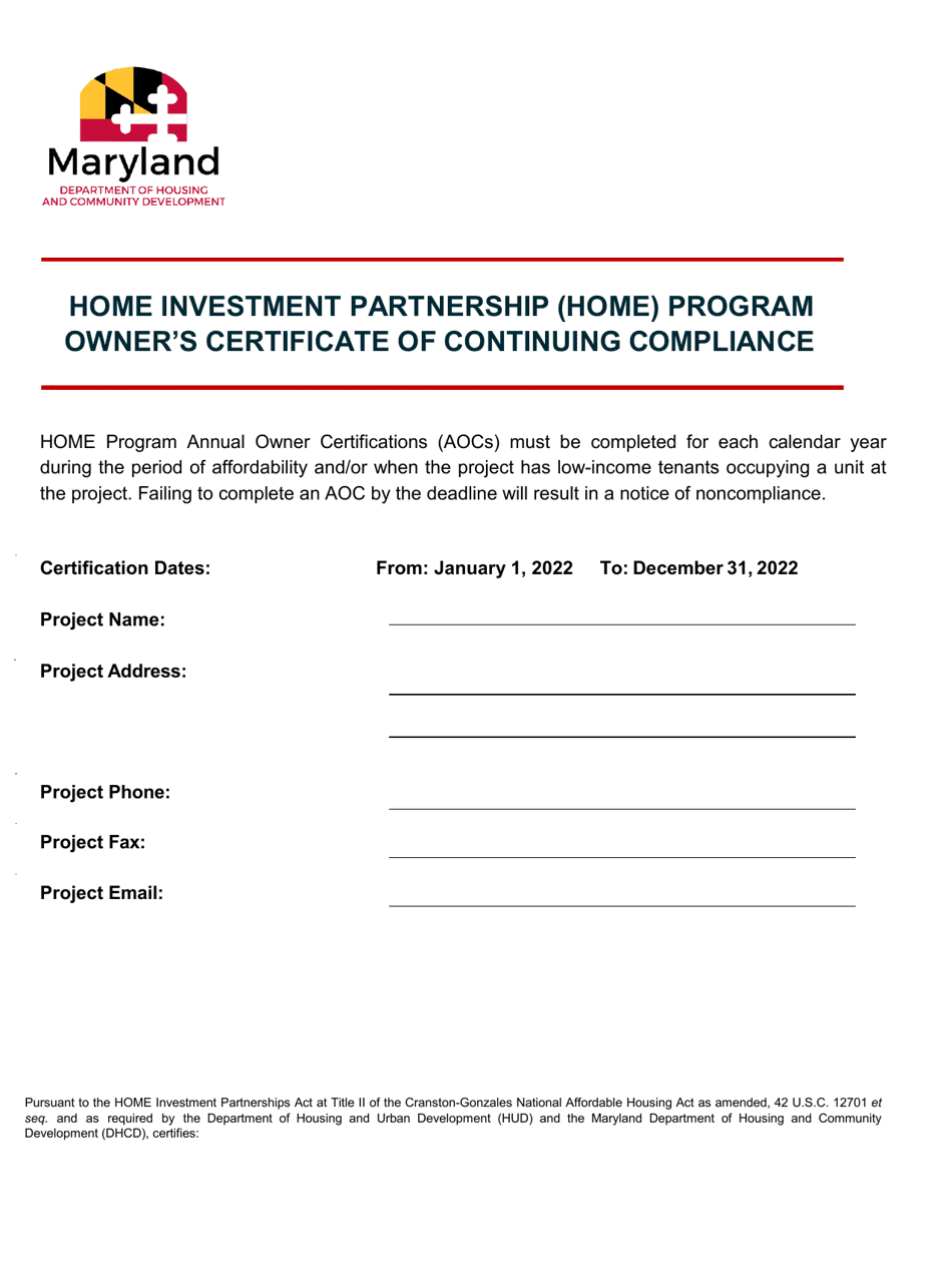 Owners Certificate of Continuing Compliance - Home Investment Partnership (Home) Program - Maryland, Page 1