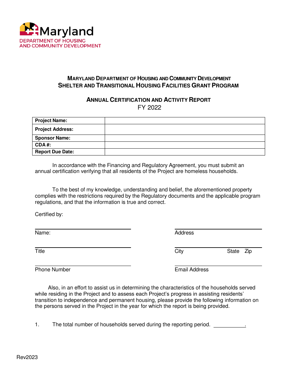 Annual Certification and Activity Report - Shelter and Transitional Housing Facilities Grant Program - Maryland, Page 1