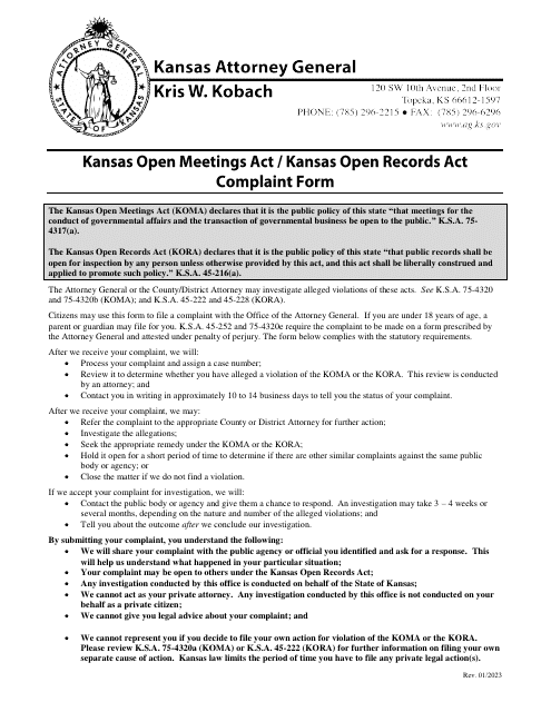 Kansas Open Meetings Act / Kansas Open Records Act Complaint Form - Kansas Download Pdf