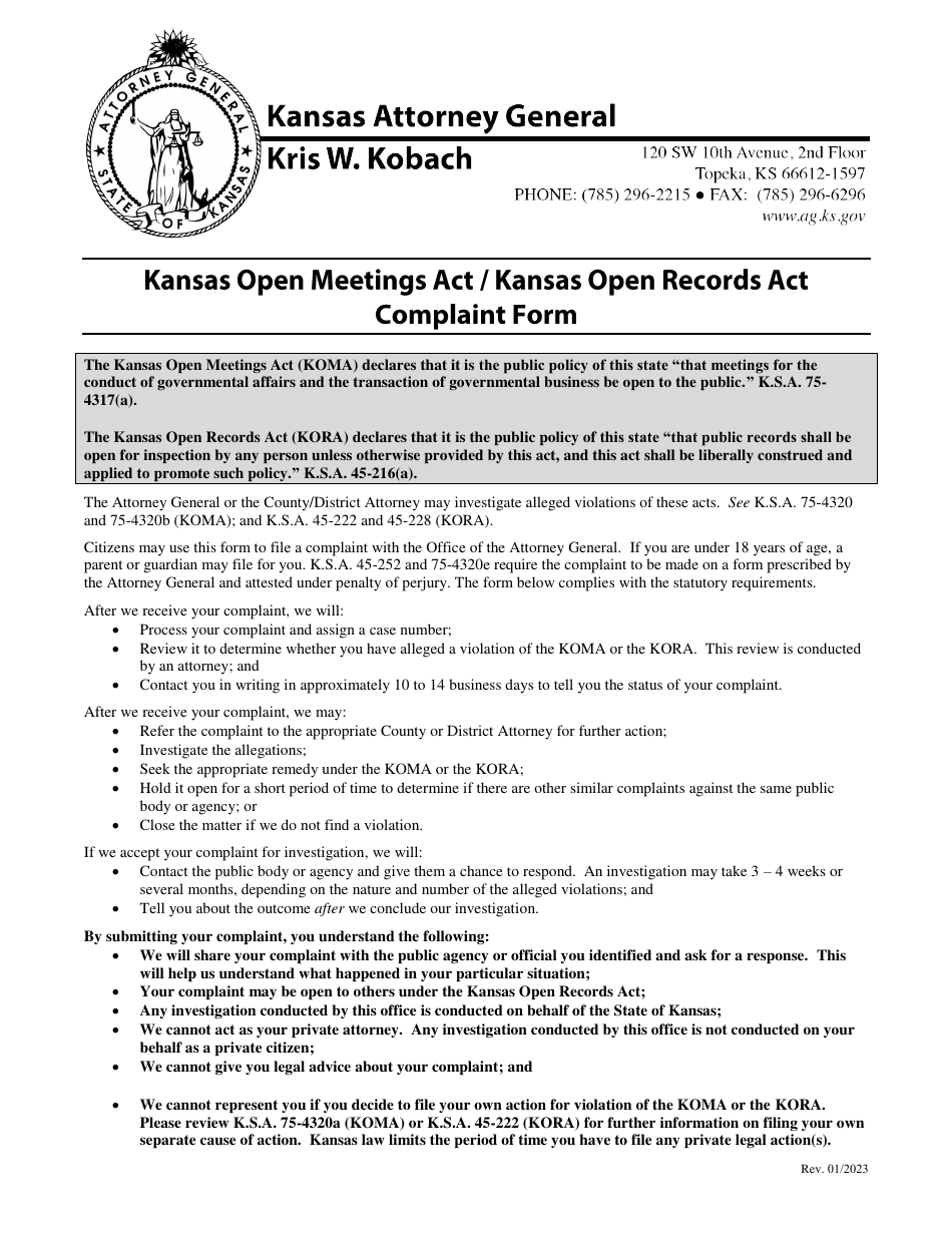 Kansas Kansas Open Meetings Act/Kansas Open Records Act Complaint Form
