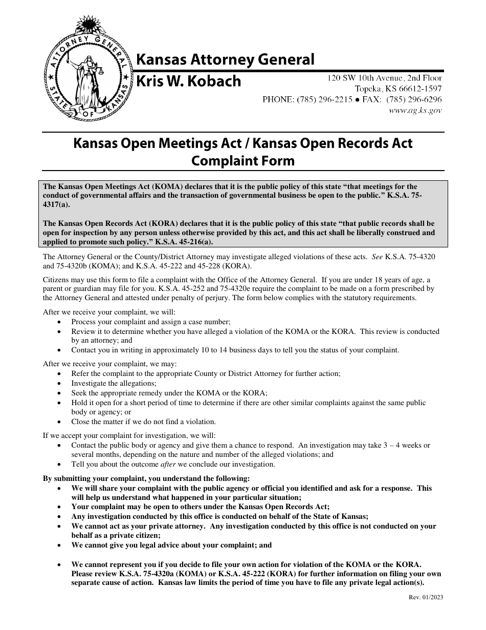 Kansas Open Meetings Act / Kansas Open Records Act Complaint Form - Kansas, Page 1