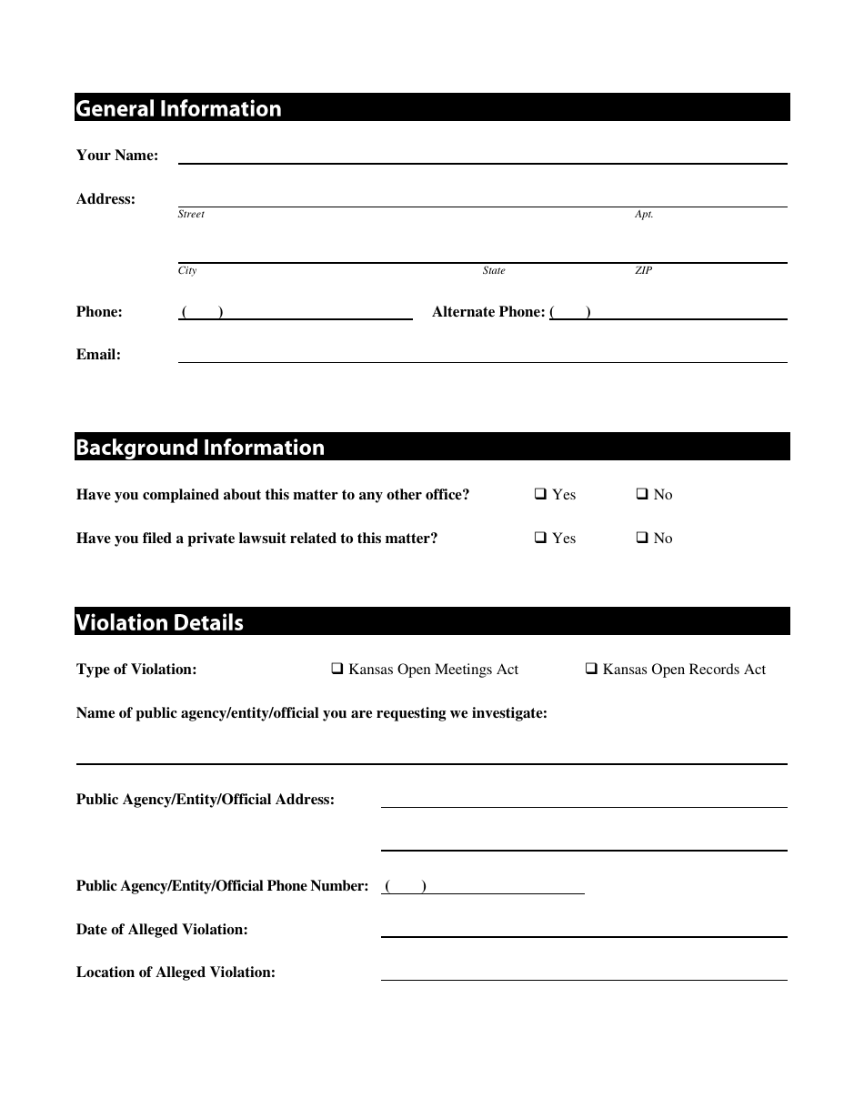 Kansas Open Meetings Act / Kansas Open Records Act Complaint Form - Kansas, Page 2