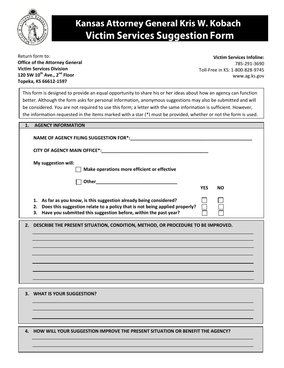 Victim Services Suggestion Form - Kansas, Page 1