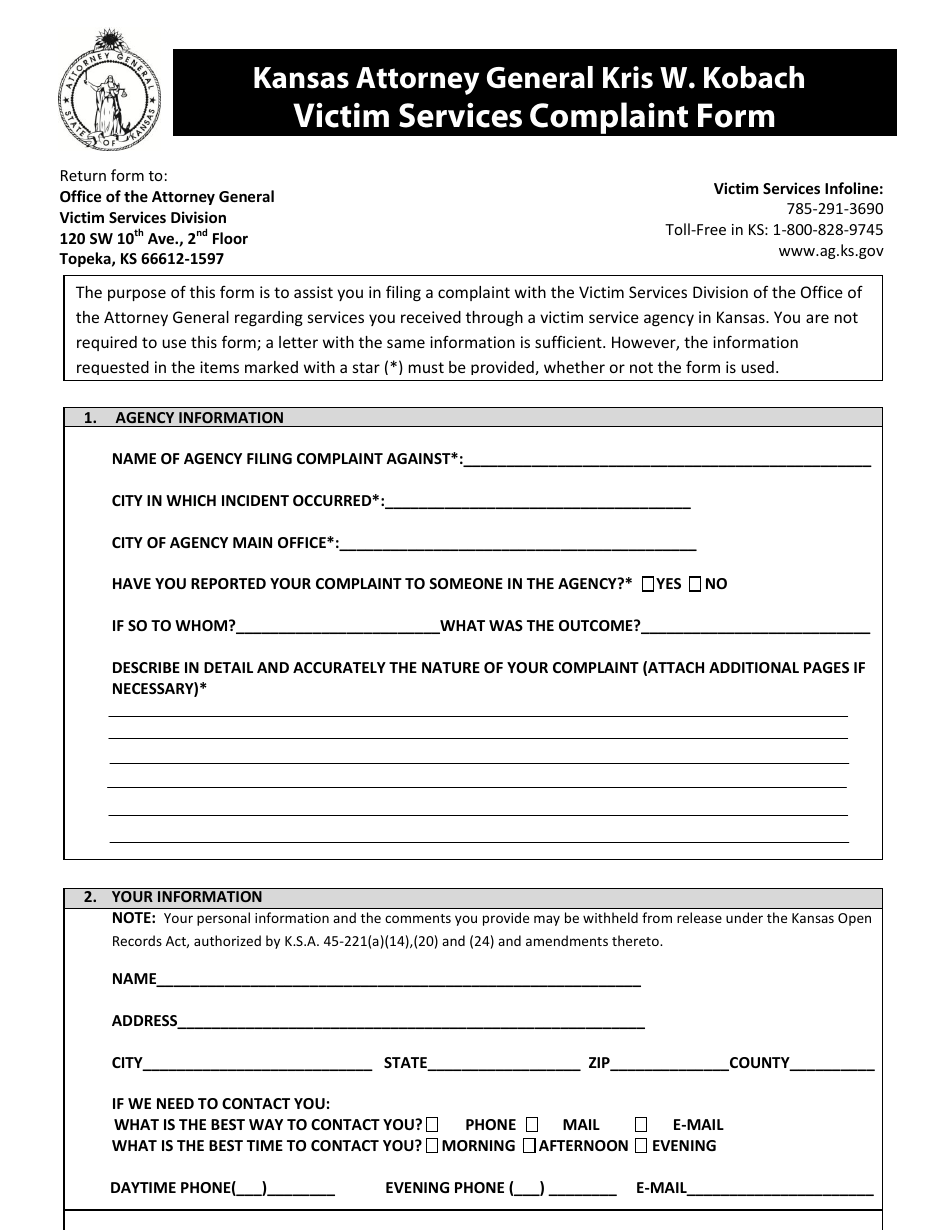 Victim Services Complaint Form - Kansas, Page 1