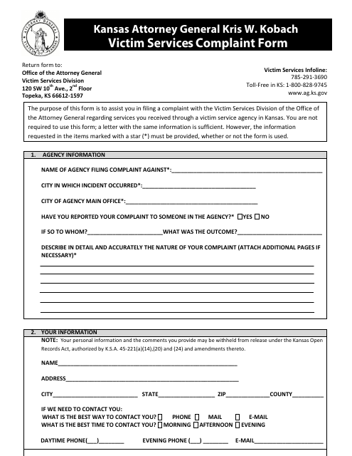 Victim Services Complaint Form - Kansas Download Pdf