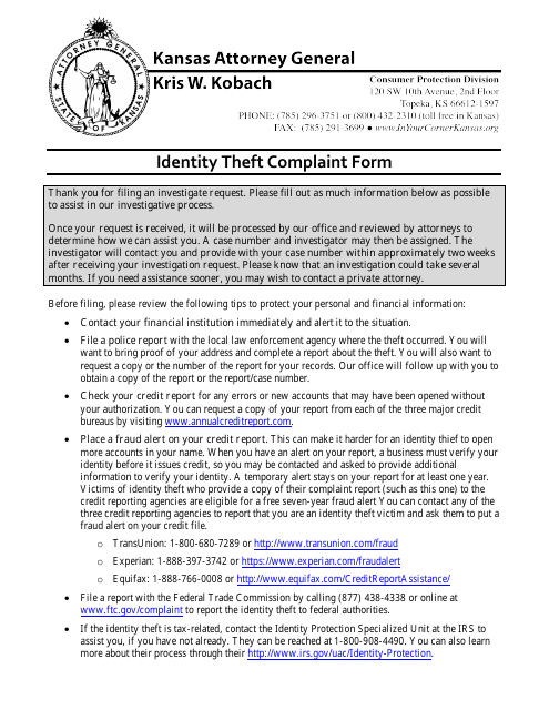 Identity Theft Complaint Form - Kansas