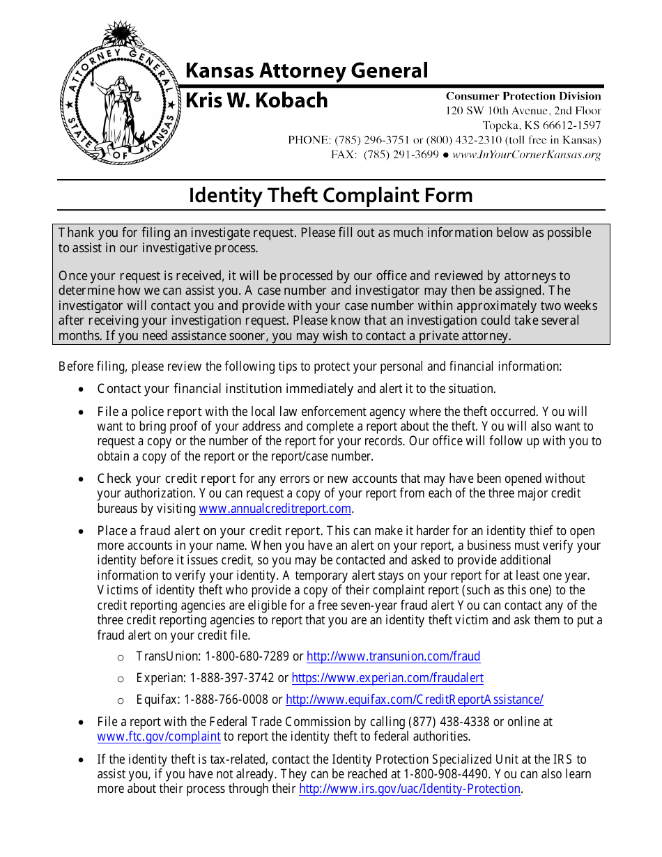 Identity Theft Complaint Form - Kansas, Page 1