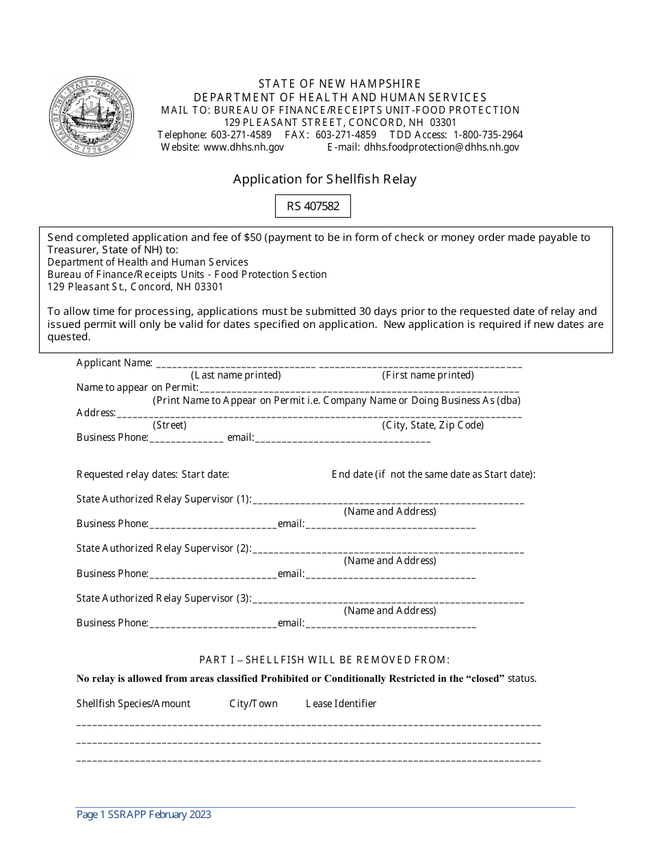 Application for Shellfish Relay - New Hampshire, Page 1