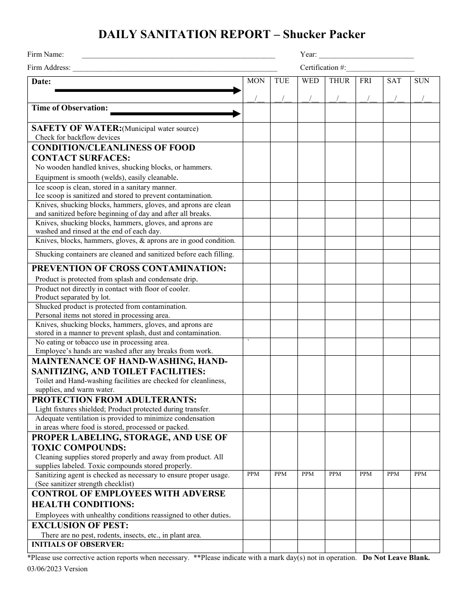 New Hampshire Daily Sanitation Report - Shucker Packer - Fill Out, Sign 