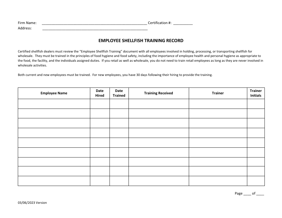 Employee Shellfish Training Record - New Hampshire, Page 1